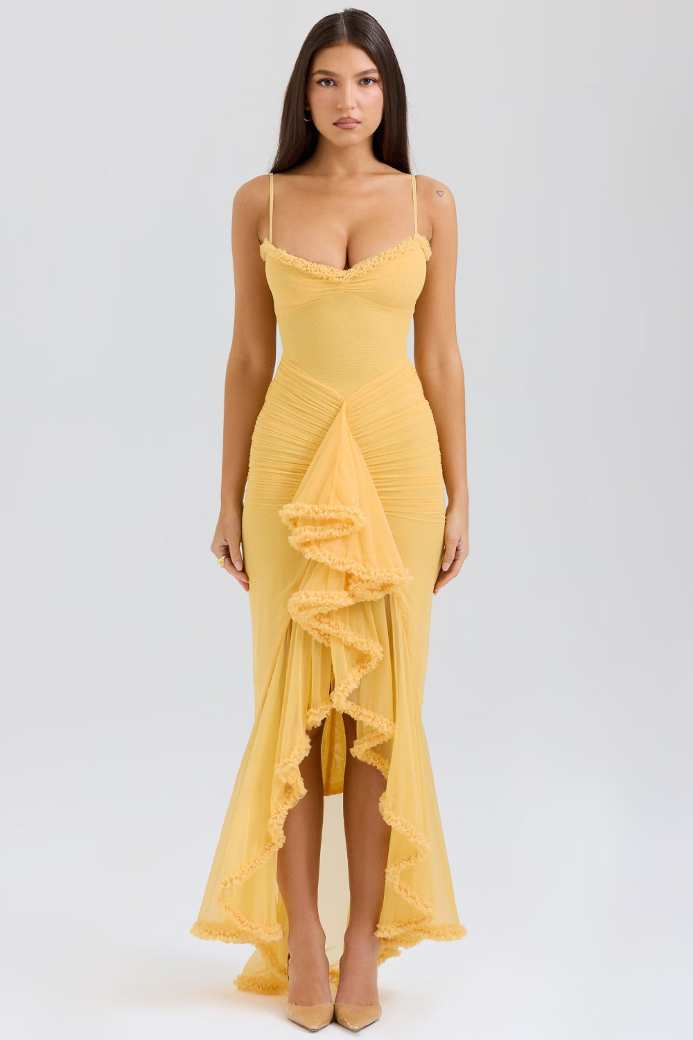xaviera one-shoulder pleated backless maxi dress in yellow main image 0